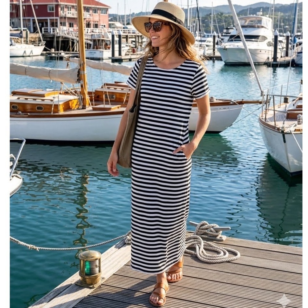 St Johns Bay Women 12P Petite Black White Striped Cotton Maxi Dress Short Sleeve